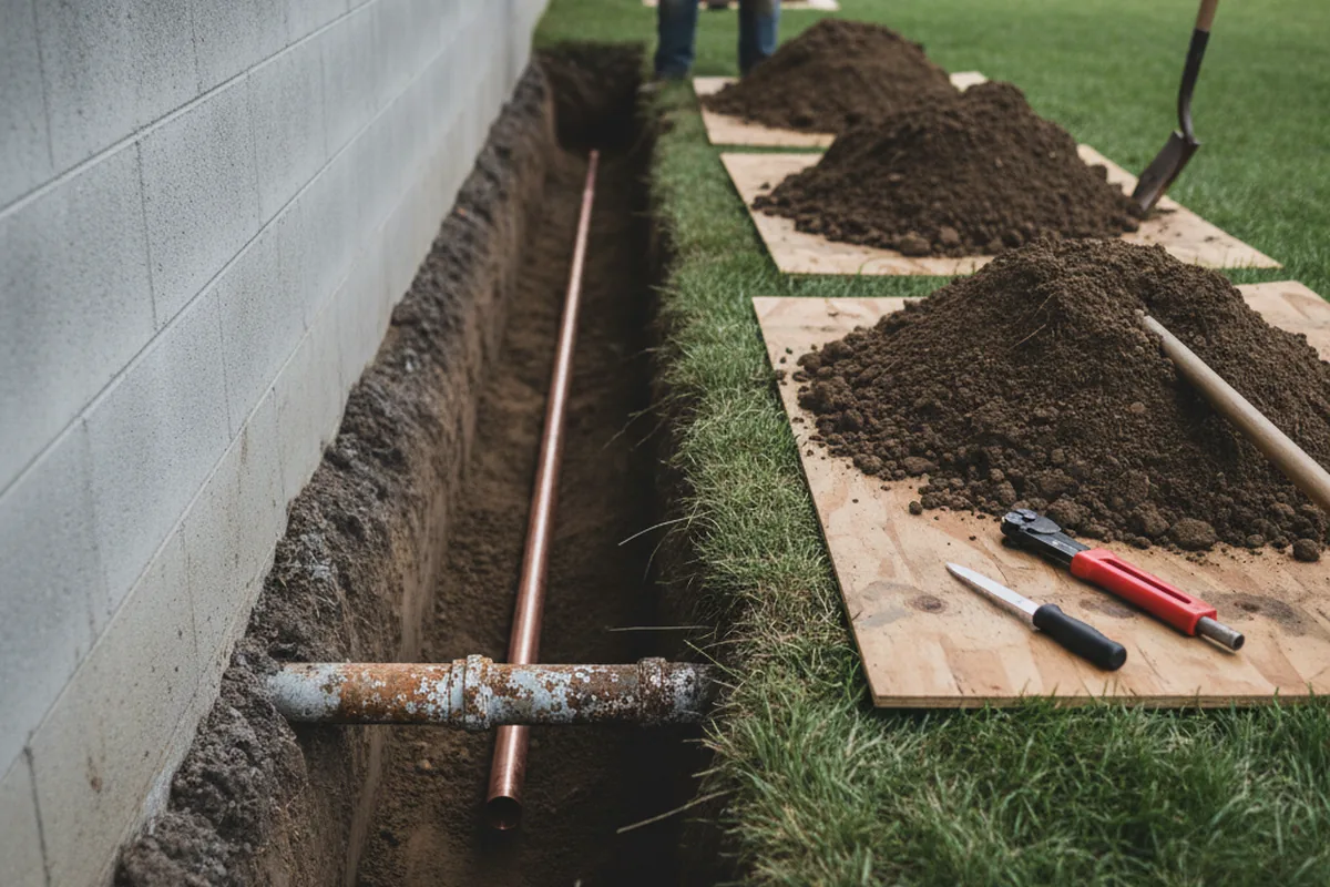 Excavated water line trench during Water Softener Installation in Williston